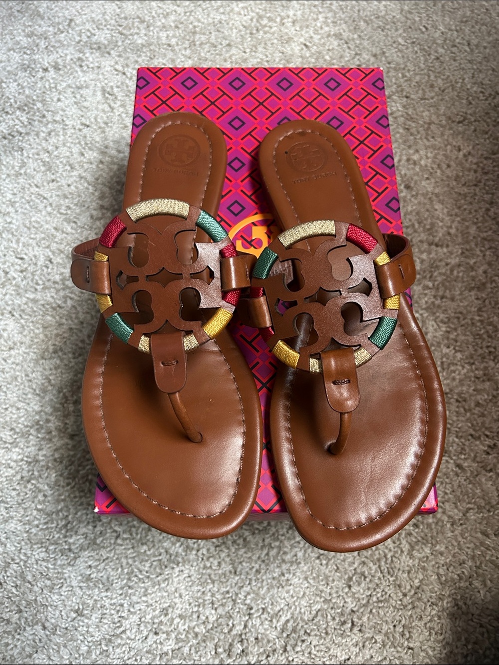 Tory Burch Brown Leather Logo Thong Sandals with Red, Green & Gold Trim